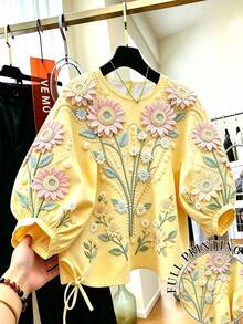 Resyla Women's Loose Fit Round Neck Top With Faux Floral Print - Multicolor - View 1
