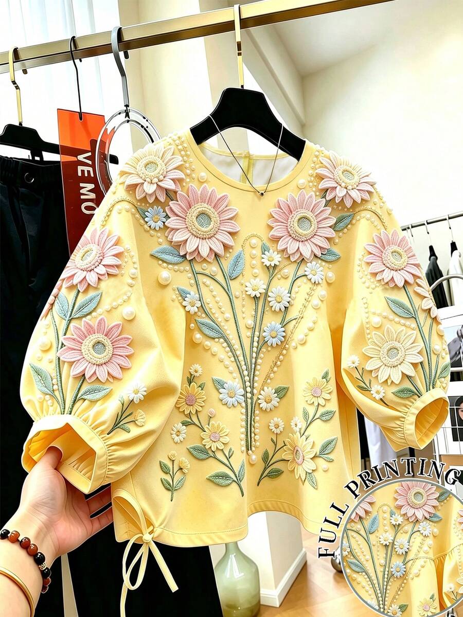 Resyla Women's Loose Fit Round Neck Top With Faux Floral Print - Multicolor - View 1