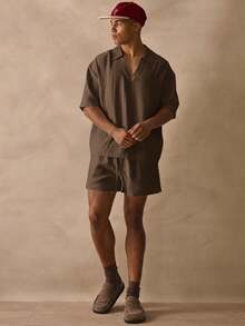 Musero Oversized Short Sleeve Deep V Neck Collared Drop Shoulder Thick Hem Linen Shirt Spring Summer Essentials Beachy Holiday - Brown - View 5