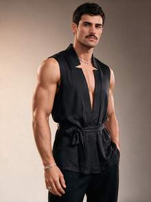 ZURIURI Men's Summer Solid Color Minimalist Sleeveless Cardigan Vest Suitable For Parties - Black - View 2