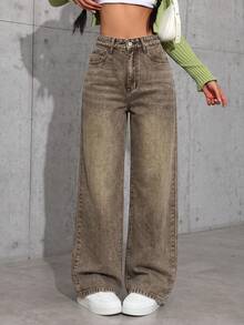 SHEIN EZwear 休閒水洗直筒牛仔褲 - 鏽棕色 - 查看 5
