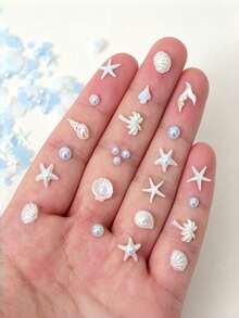 約 150 件混色迷你海星貝殼美甲飾品，樹脂平底珍珠 3 色（白色/粉色/藍色），適合夏季海灘美甲藝術與壓克力手工裝飾 - 彩色 - 查看 4