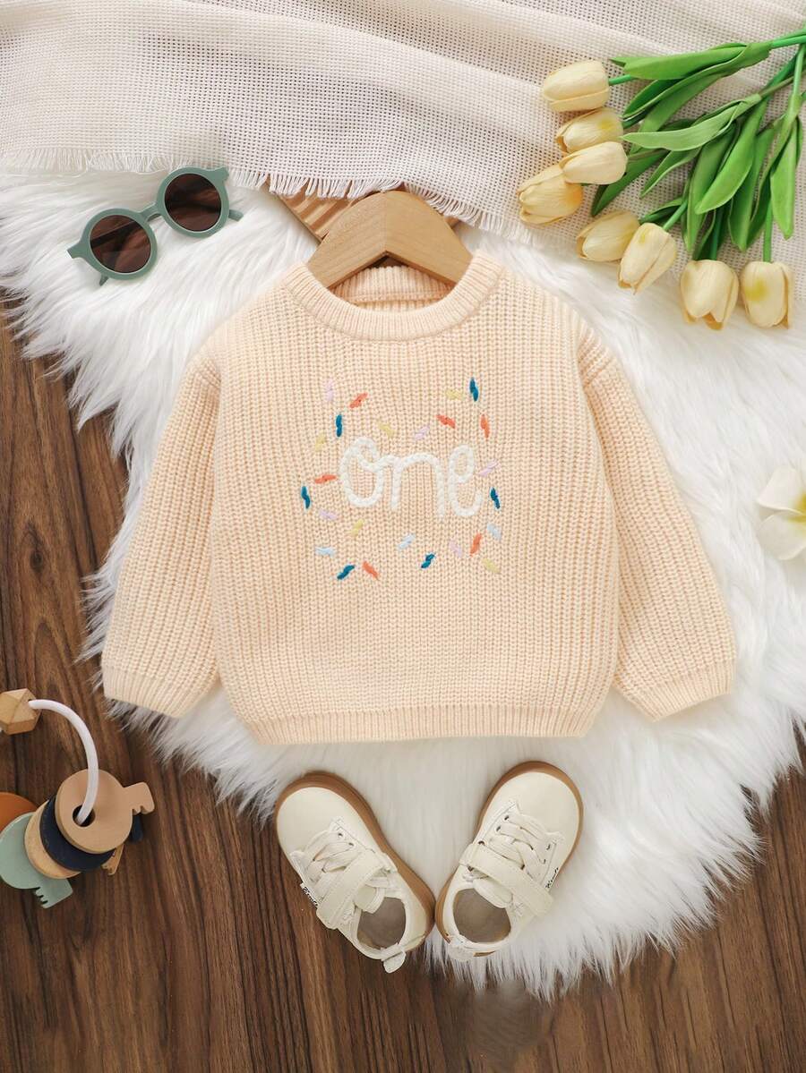 SHEIN 幼童女嬰舒適針織毛衣,柔軟羅紋套頭衫,刺繡單一設計,可愛休閒風格,柔軟舒適 - 杏色 - 查看 1