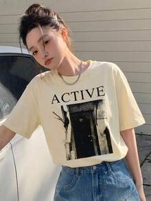 DAZY Letter Graphic Drop Shoulder Tee Oversized T-Shirt - Beige - View 7