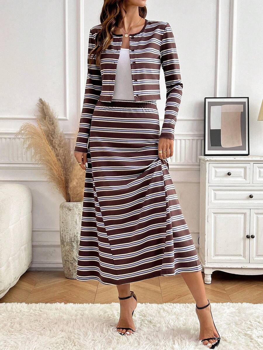 SHEIN Clasi 女款條紋長袖單排扣上衣與裙子休閒兩件套 - 彩色 - 查看 1