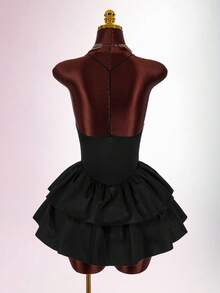 Amplova Women's Solid Color Ruffle Hem Sexy Spaghetti Strap Mini Dress - Brown - View 4