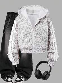 Tween Girls Casual Solid Color Bow Decoration Hooded Zip-Up Cardigan Jacket, Back To School Fall - Grey - View 6