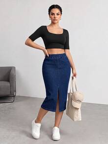 Flexra Women's Casual Washed Slit Slim Fit Denim Skirt Office Navy Blue Autumn - Blue - View 5