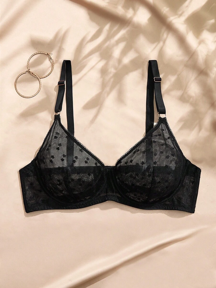 Charlaine 1pc Plus Size Sexy Women's Heart Mesh Non-Padded Underwire Bra, Push-Up Minimizer Bra - Black - View 1