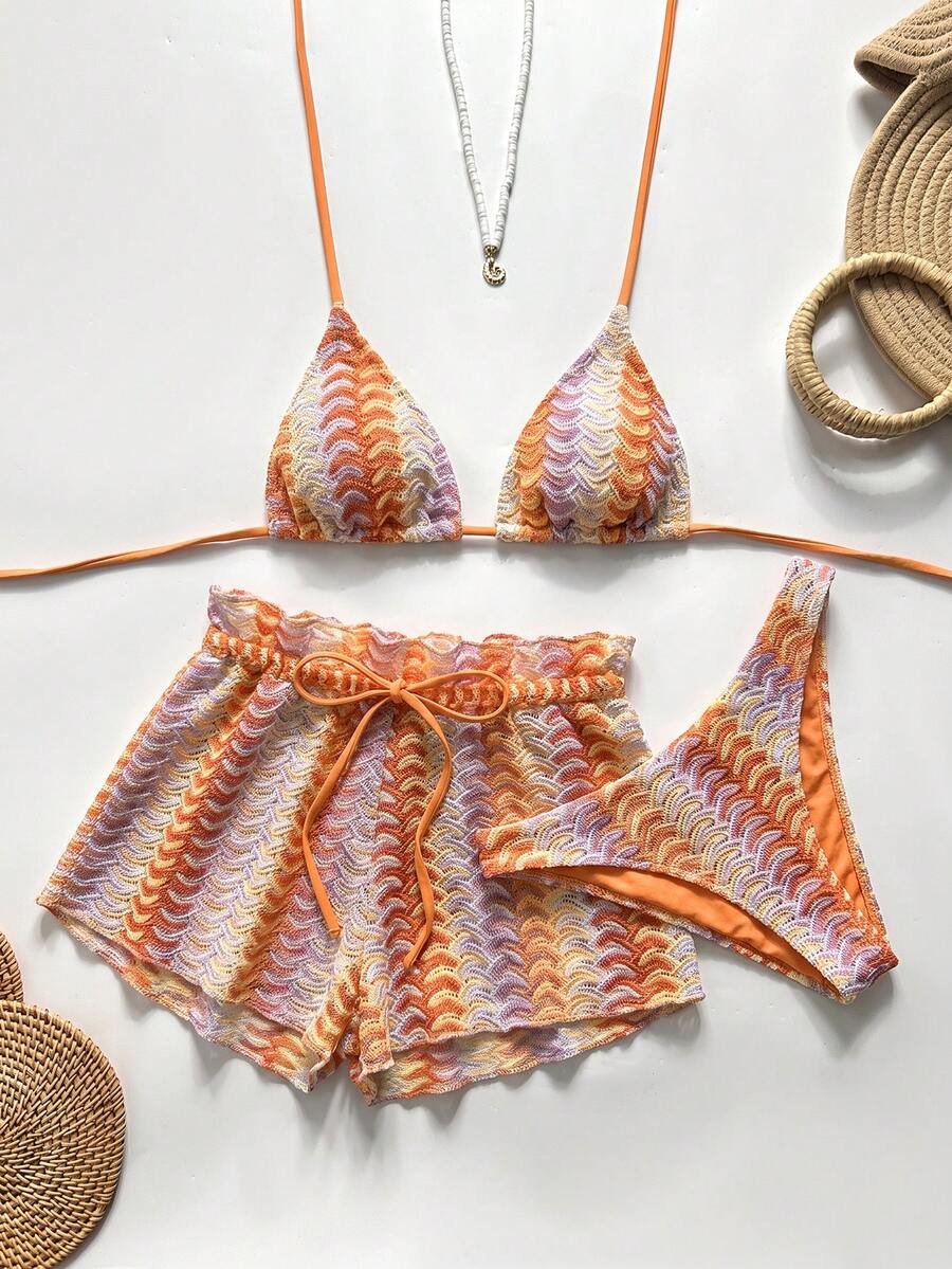 Swim Vcay 女款波浪提花掛脖綁帶背心上衣與三角比基尼泳褲短褲泳裝套裝 - 彩色 - 查看 1