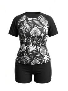 Swim Lushoire Plus Size Women's Random Print Raglan Sleeve Tankini Set For Summer Beach Vacation - Black and White - View 6