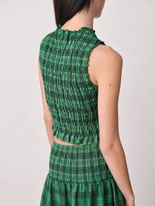 Nöista Conjunto de dos piezas a cuadros con detalle de volantes en la cintura. Verano, otoño, resort, casual chic, estilo de fiesta - Verde Oscuro - Ver 6
