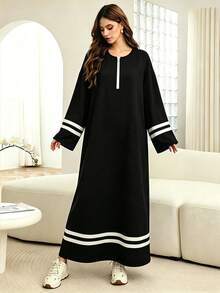 Mulvari Women's Black & White Color Block Casual Loose Fit Pullover Long Sweatshirt Dress - Black - View 4