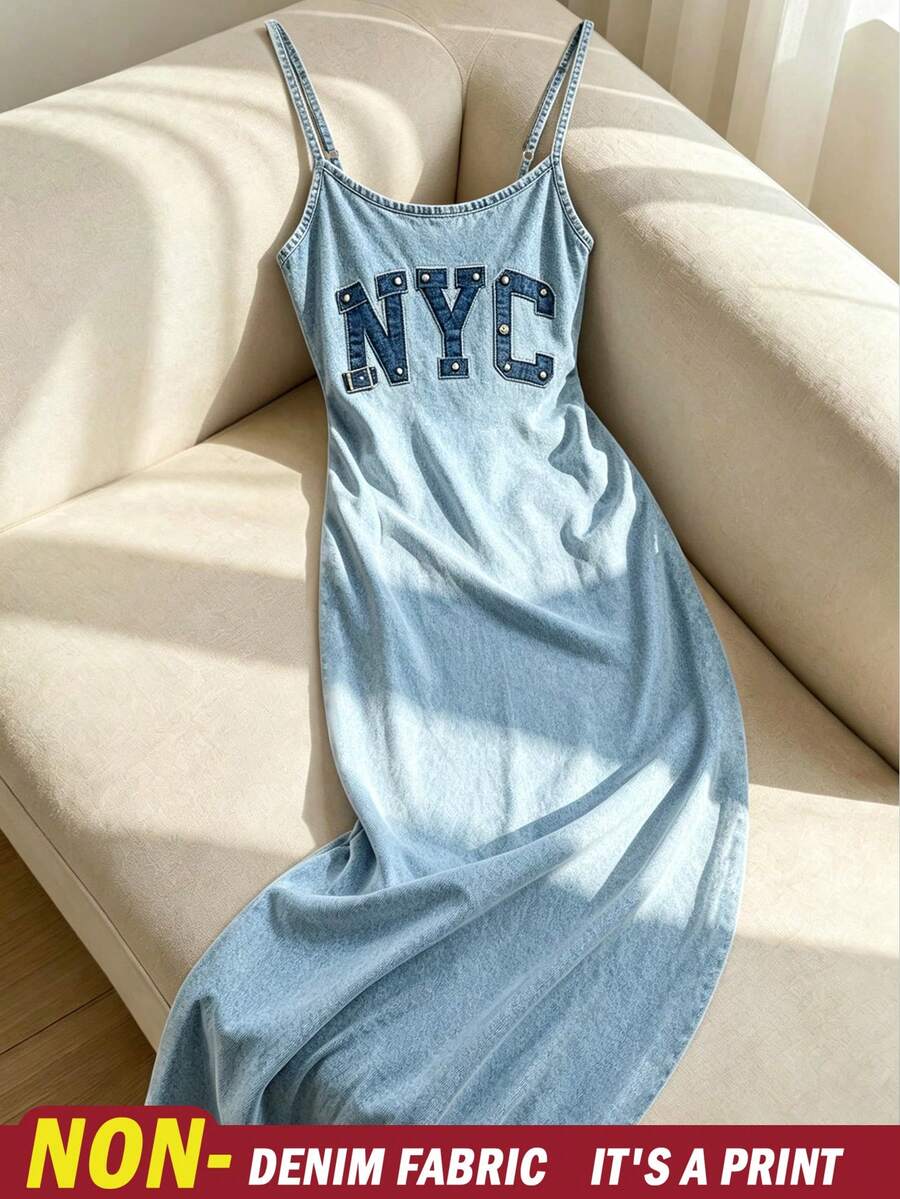 Resyla 女裝套裝、女裝洋裝、牛仔圖案洋裝、熱門流行、時尚洋裝、細肩帶洋裝、吊帶洋裝、細肩帶長洋裝、長洋裝、NYC圖案 - 彩色 - 查看 1