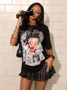 Betty Boop x SHEIN Women's Letter & Cartoon Print Casual Versatile Everyday T-Shirt - Black - View 1