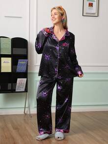 Chillnights Conjunto de pijama joven Moon Cat con bloques de color, estampado de leopardo, patrón geométrico, cuello de solapa, satén, cómodo, talla grande - Negro - Ver 6
