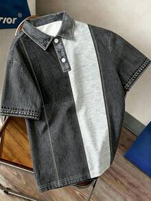 Manfinity Hypemode Men's Denim Effect Print Patchwork Polo Shirt, Suitable For Casual Daily Wear - Multicolor - View 5