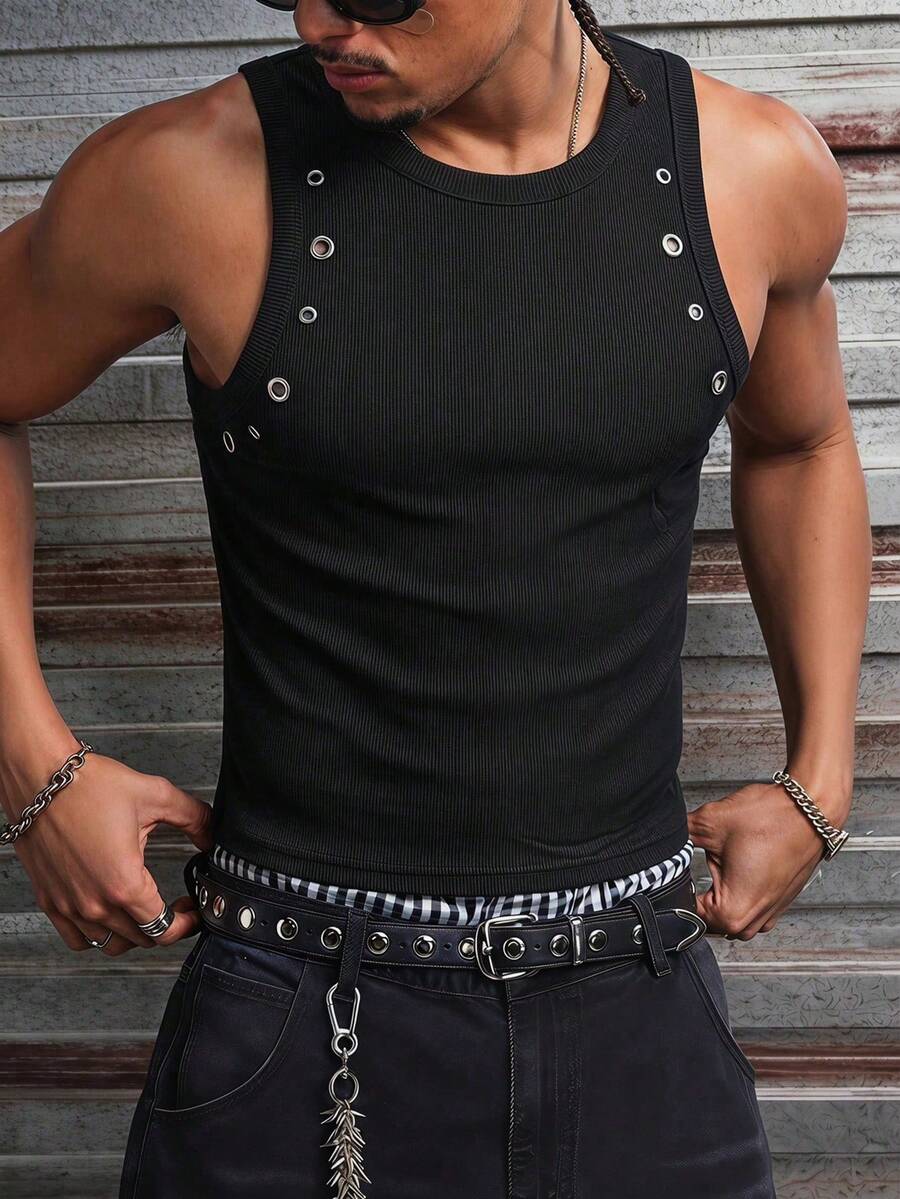 AXEPEAK Men's Black Eyelet Design Crew Neck Casual Streetwear Tank Top Club Summer - Black - View 1