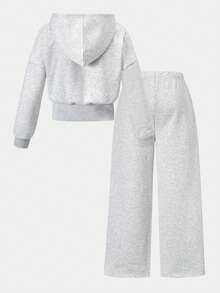 SHEIN 青少年女孩 2 件套連帽衫，拉鍊連帽衫，休閒，寬鬆，針織，返校季，復古，秋季服飾，秋季字母灰色女孩套裝，韓系 - 灰色 - 查看 2