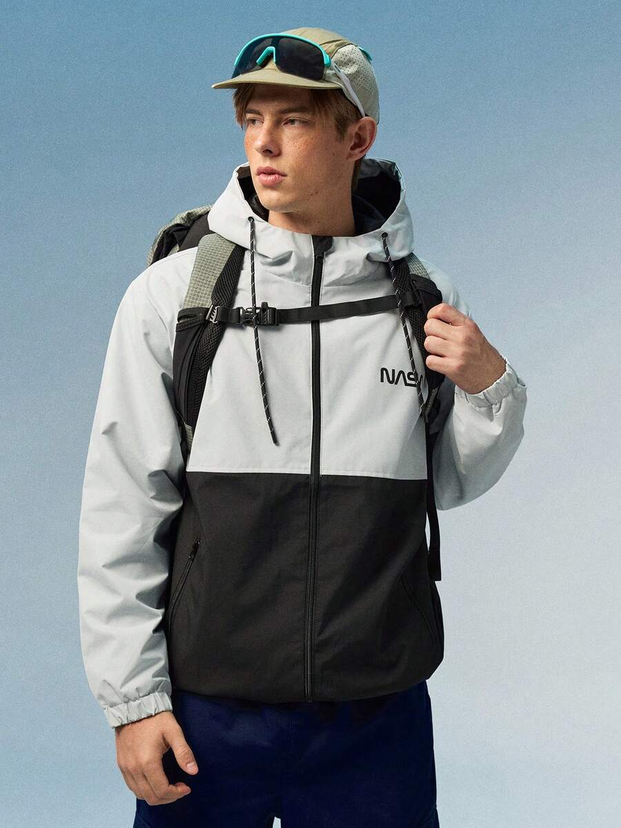 Caldwick Loose Fit Men's Long Sleeve Two Tone Letter Graphic Drawstring Hooded Outdoor Windbreaker Jacket, For Fall - Multicolor - View 1