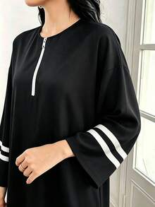 Mulvari Women's Black & White Color Block Casual Loose Fit Pullover Long Sweatshirt Dress - Black - View 6