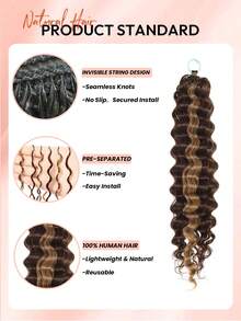 Boho Braids Rambut Kepang Boho dengan Hiasan Bulu, Rambut Manusia Bergelombang Dalam, Ekstensi Rambut Manusia Tanpa Simpul, Rambut Rajutan Buatan Tangan untuk Kepang, Panjang 16-22 Inci - S4/27/30 - View 4