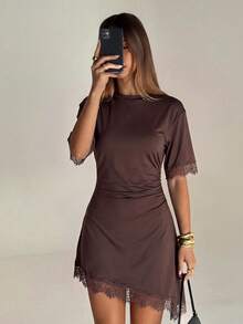 Aloruh Women's Elegant Round Neck Asymmetrical Hem Lace Patchwork Waist-Cinching Short Sleeve Mini Dress - Coffee Brown - View 8