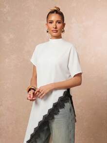Lumalex 秋冬優雅蕾絲拼接不對稱假領短袖女上衣 Dawn-To-Gala 優雅端莊 讓妳展現美麗光彩 - 黑與白 - 查看 6