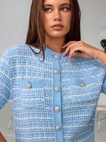 SHEIN ملابس علوية كنزة مصنوعة من نسيج يشبه التويد أنيقة مع أزرار أمامية - أزرق فاتح اللون - مشاهدة 4