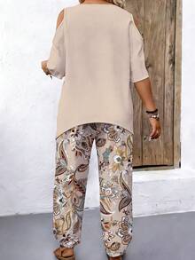 EMERY ROSE 2pcs Plus Size Off-Shoulder Short Sleeve Top And Casual Loose Comfortable Pants Set, Plus Size Printed Outfit - Multicolor - View 2