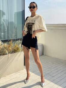 DAZY Letter Graphic Drop Shoulder Tee Oversized T-Shirt - Beige - View 5