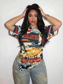 Slaydiva New Summer/Fall Plus Size Women's Asymmetrical Off Shoulder Top/Y2K/Streetwear/Back To School/Going Out/Club/Concert/Party/Chic/NIGHT/Retro Print - Multicolor - View 7