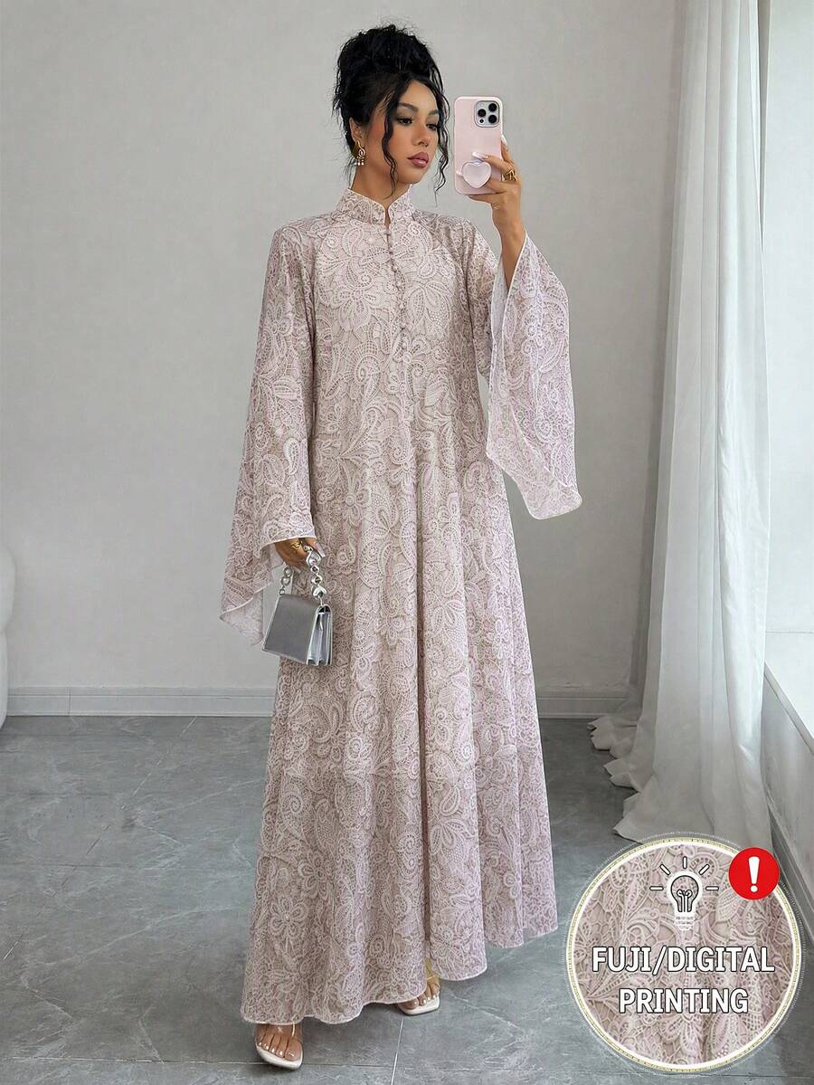 Rafferiza Gaun Wanita Gaya Arab, Sari Chiffon Bermotif Gelombang Air Geometris, Kerah Tegak Kecil Longgar Aneka Warna, Lengan Mengembang - Putih - View 1