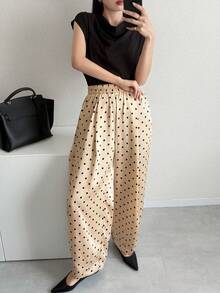 FRIFUL Women's Polka Dot Pattern Wide Leg Loose Casual Pants - Apricot - View 5