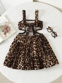 Gaun Anak Perempuan Motif Leopard dengan Tali Bahu Tipis dan Hiasan Pita - Mocha Brown - View 3