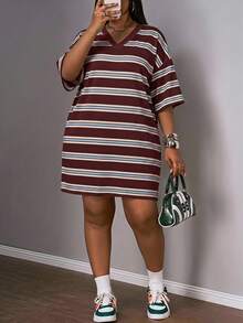 Slaydiva 棕色條紋拼色休閒百搭日常大尺碼洋裝 - 彩色 - 查看 1