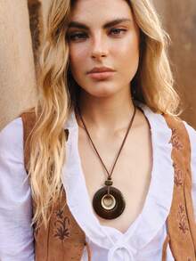 Nocturel 1pc Beaded Geometric Alloy Necklace, Vintage Sweater Chain For Women - Brown Hollow Round Card - View 4