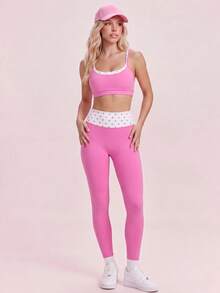 Sovereign Charm Women's Polka Dot Patchwork Camisole & Leggings Sports Set - Hot Pink - View 4