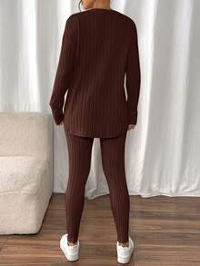 SHEIN Frenchy Drop Shoulder Ribbed Knit Tee & Leggings Textured Fabric Two Pieces - Coffee Brown - View 2
