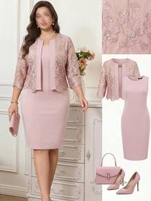 Reflora Plus Size Women's Jacquard 3/4 Sleeve Jacket And Dress Elegant 2 Pieces Set - Dusty Pink - View 10