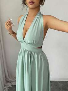 Rafferiza Elegant Sleeveless V-Neck Waist Hollow Design Pleated Dress, Purple, Spring/Summer New Arrival - Mint Green - View 3