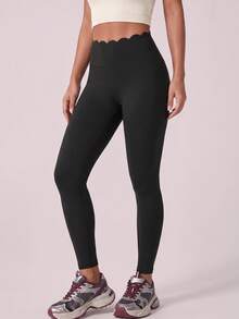 SHEIN Dewbera Women's Solid Color Slim Fit Elastic Waist Lace Trim Comfortable Sports Long Pants - Black - View 1