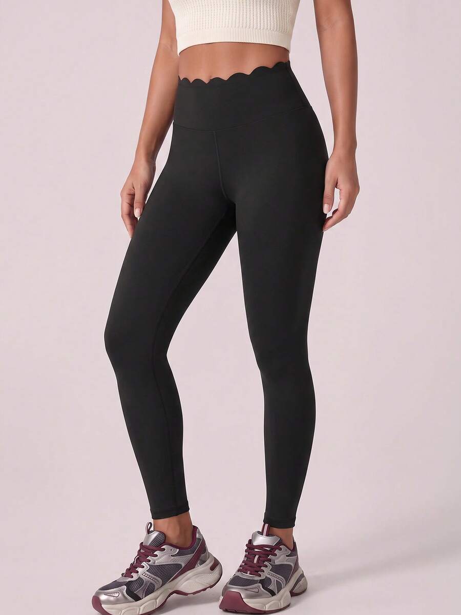 SHEIN Dewbera Women's Solid Color Slim Fit Elastic Waist Lace Trim Comfortable Sports Long Pants - Black - View 1