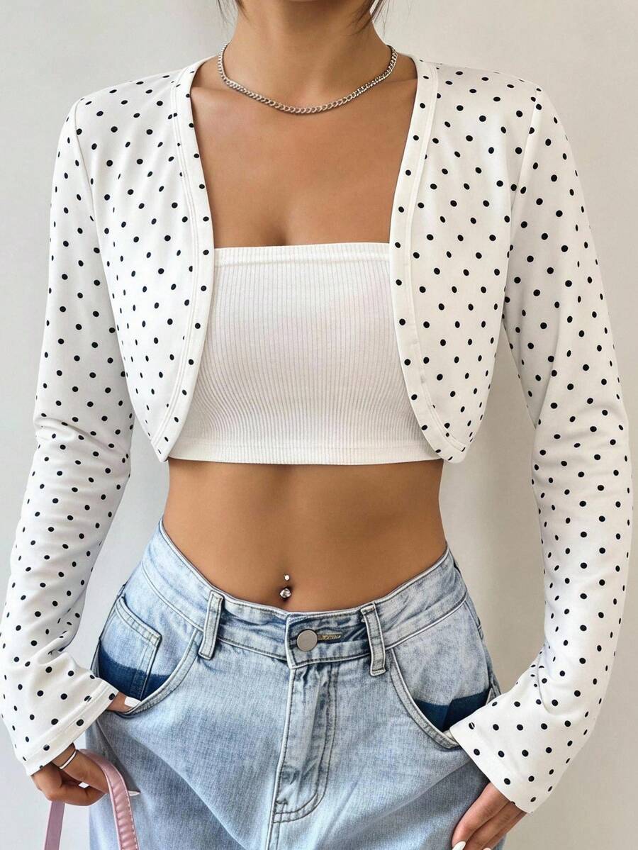 SHEIN EZwear Women's Polka Dot Pattern Long Sleeve Open Front Lightweight Jacket - White - View 1