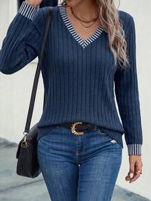 SHEIN LUNE Women's Casual Striped Patchwork Sweatshirt, Autumn - Multicolor - View 4
