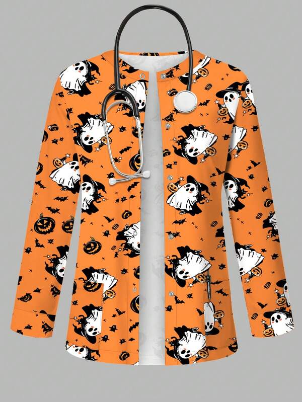 PopScrub Halloween Themed Fun Cartoon Ghost Pumpkin Bat Print Scrub Jacket, Autumn/Winter Fashion With Ear-Loop Design Women's Nurse Uniform Top, Uniform Jacket, Women's Gentle Style Orange Scrub Workwear, Suitable For Hospitals And Various Institutions