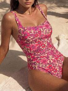 SHEIN Swim 女款花卉印花一件式泳衣，適合海灘度假、泳池派對、海灘派對 - 玫紅色 - 查看 5