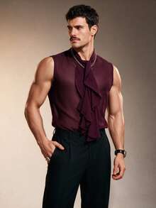ZURIURI Camisa sin mangas transparente de moda con patchwork y volantes en el bajo para hombre - Burdeos - Ver 3