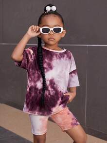SHEIN Set Kasual Anak Perempuan: Kaos dan Celana Pendek Motif Tie-Dye, Bahu Longgar, Kerah Bulat - MultiWarna - View 4