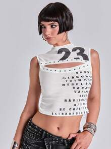 ACID BLVD Atasan Crop Top Wanita Retro Seksi Gaya Pioneer Berongga dengan Logo Digital Cetak Inggris dan Hiasan Kancing untuk Musim Semi/Panas - Putih - View 2